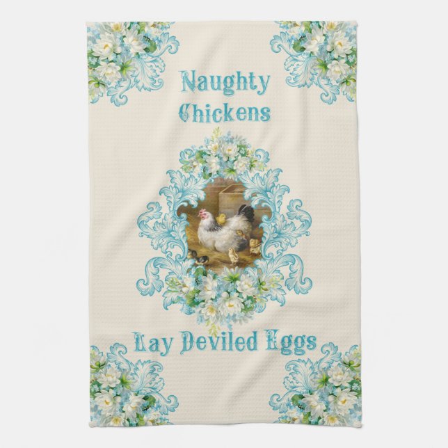 Naughty Chickens Lay Deviled Eggs Turquoise Tea Towel (Vertical)