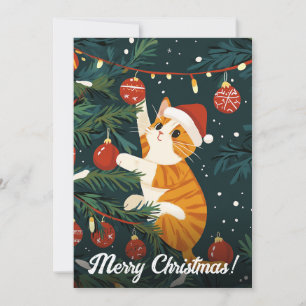 Naughty Christmas Cat Climbing Tree Custom Text  Holiday Card