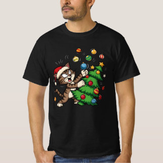 Naughty Christmas Cat – Funny Cat Knocking On Tree T-Shirt