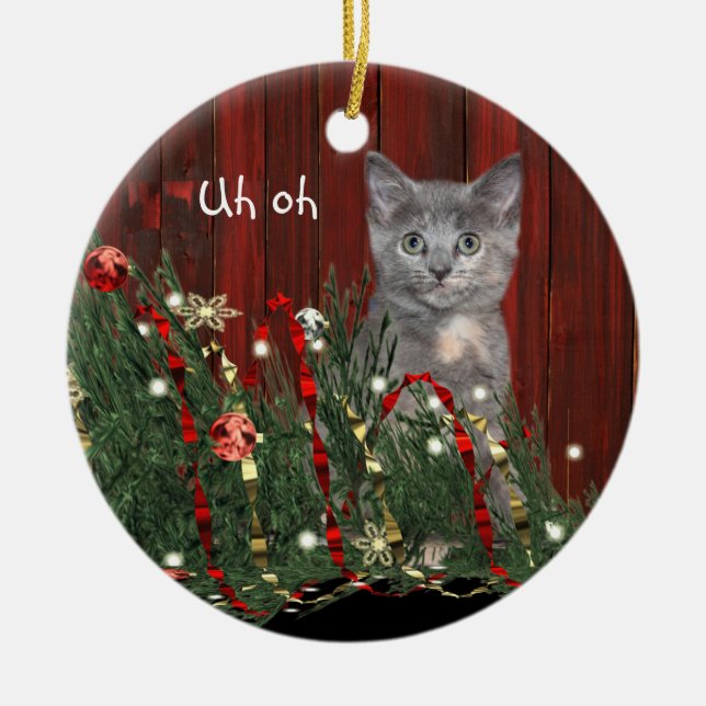 Naughty Christmas kitty Ceramic Ornament (Front)