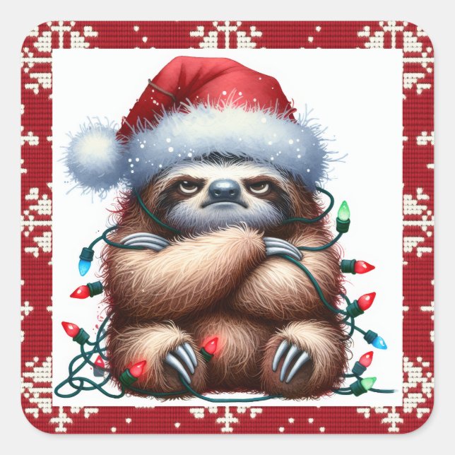 Naughty Christmas Lights Sloth Square Sticker (Front)