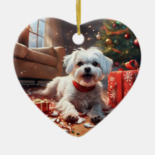 Naughty Christmas Puppy, Cute, Funny, Cartoon Ceramic Ornament
