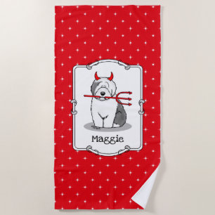 Naughty Devil Old English Sheepdog (Grey 1) Beach Towel