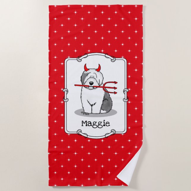 Naughty Devil Old English Sheepdog (Grey 1) Beach Towel (Front)