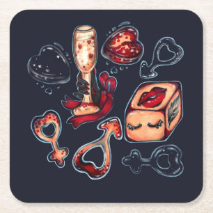 Naughty Dice & Champagne Adult Humour Dark Romanti Square Paper Coaster