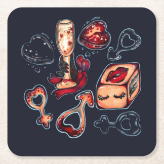 Naughty Dice & Champagne Adult Humour Dark Romanti Square Paper Coaster