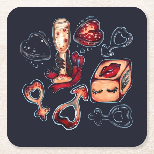 Naughty Dice & Champagne Adult Humour Dark Romanti Square Paper Coaster (Front)