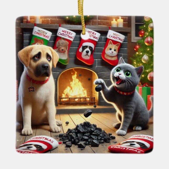 Naughty dog and Cat Ceramic Ornament (Front)