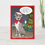 Naughty Dog Funny Santa Pit Bull Christmas Holiday Card<br><div class="desc">Send out funny dog Christmas cards to family and friends with your own personalised joke, text and inside happy holidays message. The original artwork by Raphaela Wilson depicts a cute cartoon illustration of a grey and white Pit Bull wearing a Santa hat. He snagged a piece of Santa's red pants,...</div>