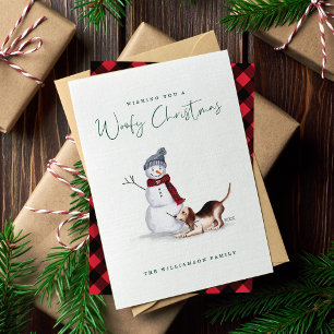 Naughty Dog Watercolor Beagle Playing With Snowman Holiday Card