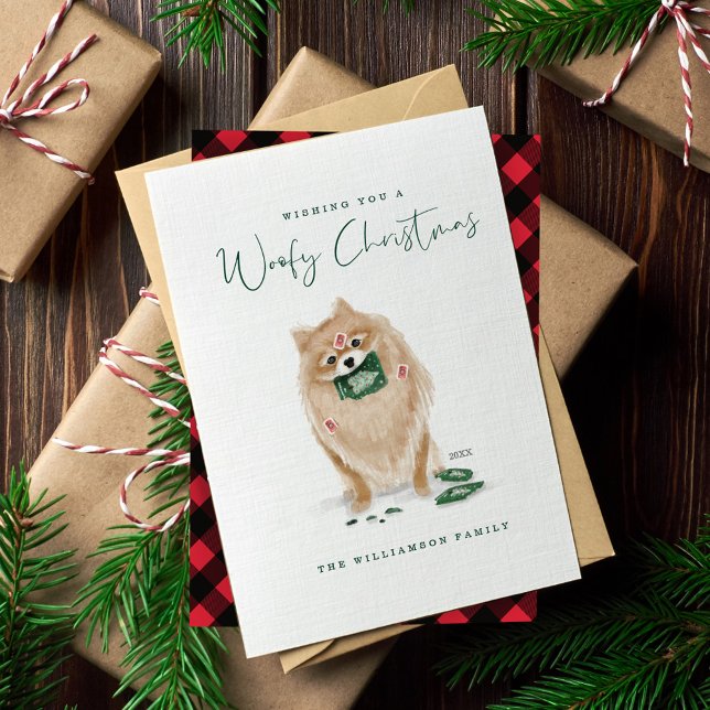 Naughty Dog Watercolor Pomeranian Eat Holiday Card (Creator Uploaded)