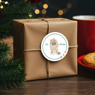 Naughty Dog Watercolor Pomeranian Eat Holiday Card Classic Round Sticker