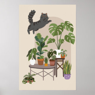 Naughty Grey Tabby Cat & Monstera Jungle Poster