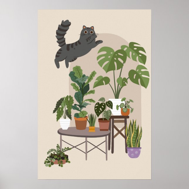 Naughty Grey Tabby Cat & Monstera Jungle Poster (Front)