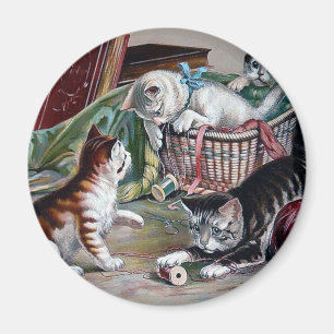 naughty kittens cats playing with yarn antique art magnet