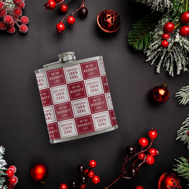 Naughty List 100% Coal | Red & White Funny Holiday Hip Flask (Creator Uploaded)