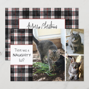 Naughty List Cat 3 Photos Christmas Plaid Holiday Card