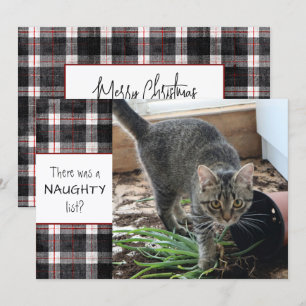 Naughty List Cat Photo Plaid Christmas Holiday Card
