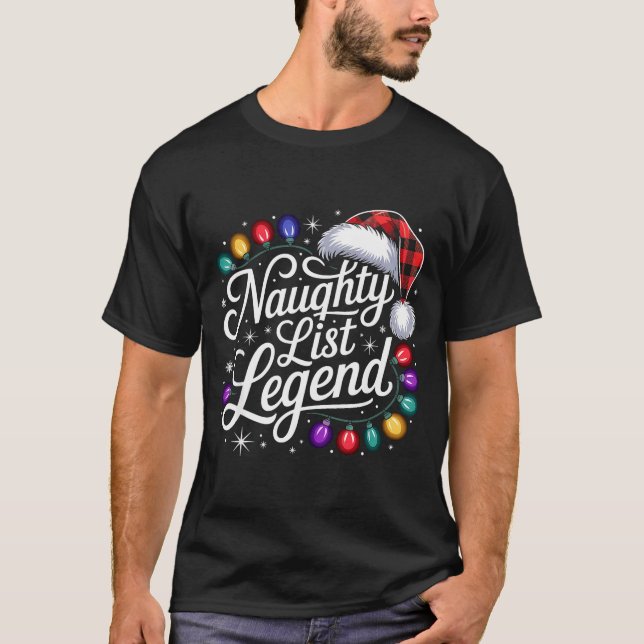 Naughty List Legend Xmas Lights Buffalo Plaid Red  T-Shirt (Front)