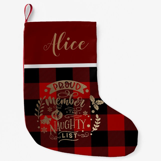 naughty list member gold plaid monogram Stocking (Front)