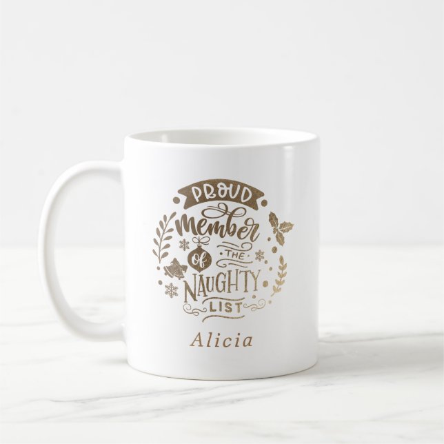 naughty list member holiday gold coffee mug (Left)