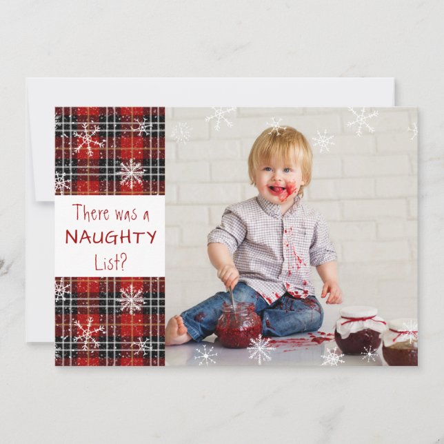 Naughty List Snowflake Red Plaid HAPPY HOLIDAYS Holiday Card (Front)