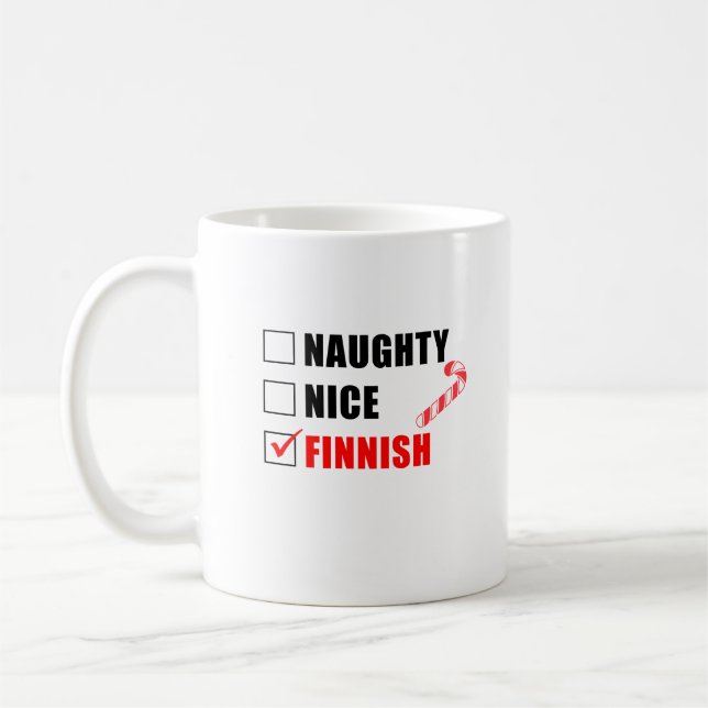 Naughty Nice Finnish Christmas Design Coffee Mug (Left)