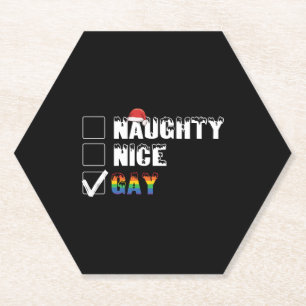 Naughty Nice Gay Rainbow Pride LGBT Christmas Gift Paper Coaster