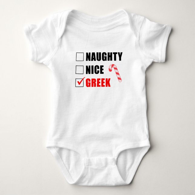 Naughty Nice Greek Santa List Baby Bodysuit (Front)