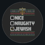 Naughty Nice Jewish Santa Ugly Christmas Hanukkah  Classic Round Sticker<br><div class="desc">Naughty Nice Jewish Santa Ugly Christmas Hanukkah</div>