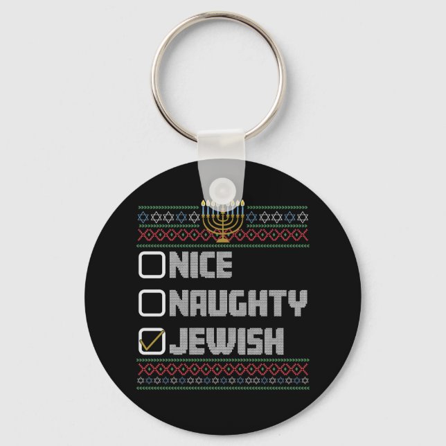 Naughty Nice Jewish Santa Ugly Christmas Hanukkah  Key Ring (Front)