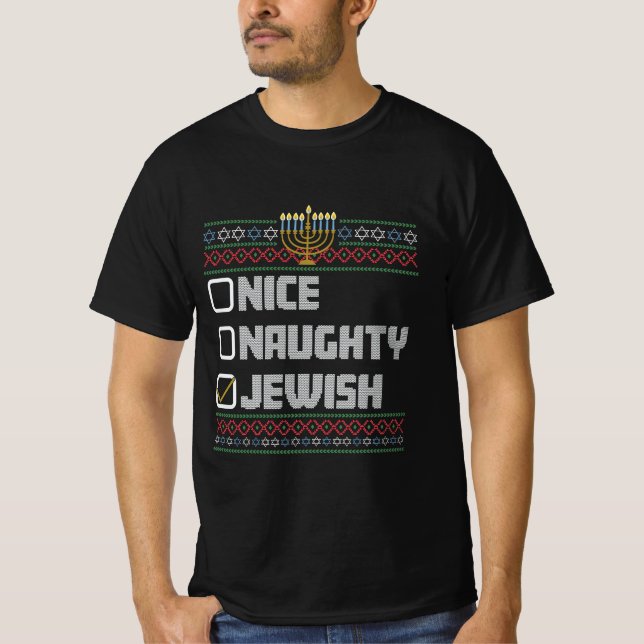 Naughty Nice Jewish Santa Ugly Christmas Hanukkah  T-Shirt (Front)