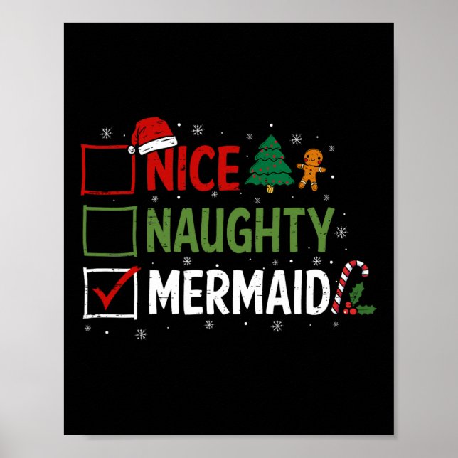 Naughty Nice Mermaid Christmas Pyjamas Santa Claus Poster (Front)