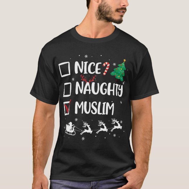 Naughty Nice Muslim Christmas Funny Santa Hat -Xma T-Shirt (Front)