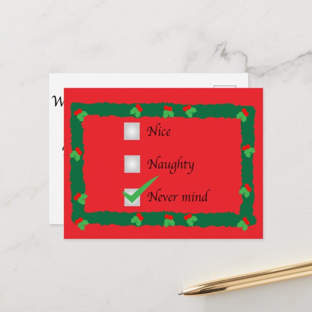 Naughty Nice Never mind Holiday Greeting Postcard (Front/Back In Situ)