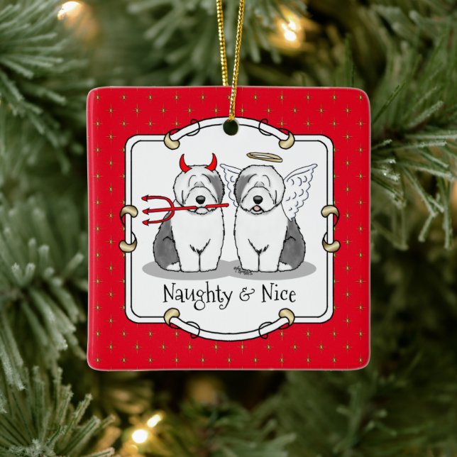 Naughty & Nice Old English Sheepdogs (Gray 1) Ceramic Ornament (Tree)