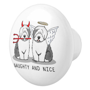 Naughty & Nice Old English Sheepdogs (Grey 1) Ceramic Knob