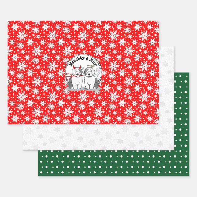 Naughty & Nice Old English Sheepdogs (Grey 1) Wrapping Paper Sheet (Set)