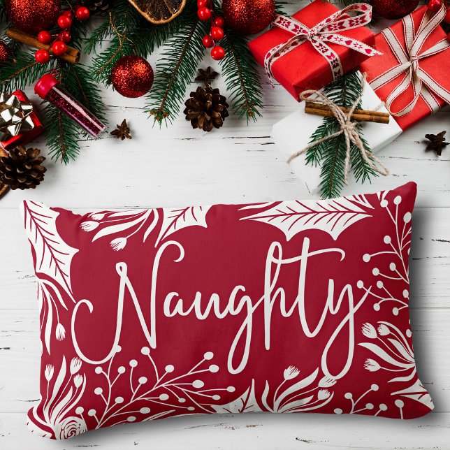 Naughty Nice Red White Christmas Floral Ivy Leaf Lumbar Cushion (Creator Uploaded)