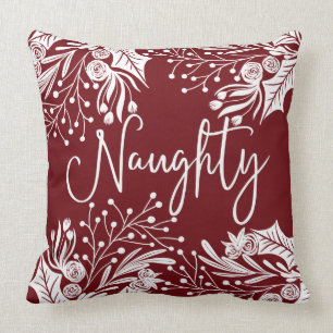 Naughty Nice Red White Christmas Floral Ivy Leaves Cushion