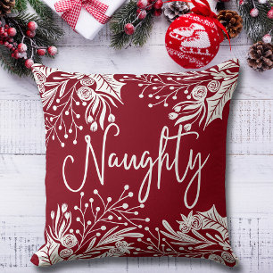 Naughty Nice Red White Christmas Floral Ivy Leaves Cushion