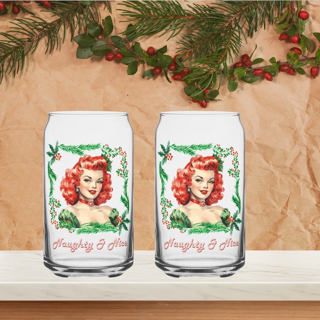 Naughty & Nice Retro Christmas Pinup Can Glass (Creator Uploaded)