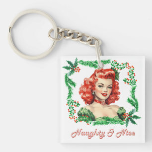 Naughty & Nice Retro Christmas Pinup Key Ring