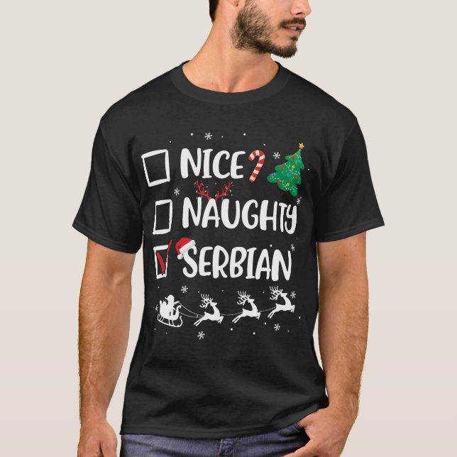 Naughty Nice Serbian Christmas Funny Santa Hat Xma T-Shirt (Front)