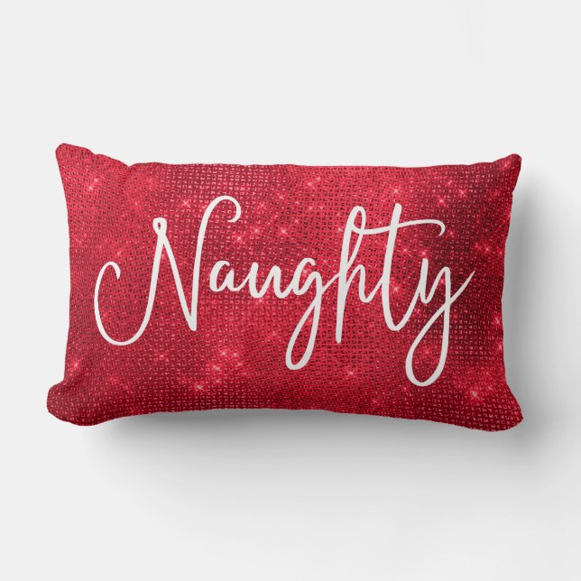 Naughty Nice Sparkly Red White Glitter Sequin Lumbar Cushion (Front)