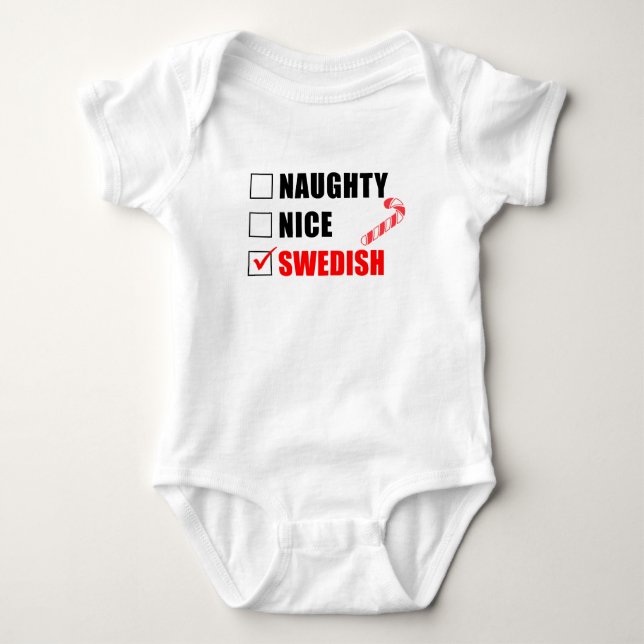 Naughty Nice Swedish Santa List Baby Bodysuit (Front)