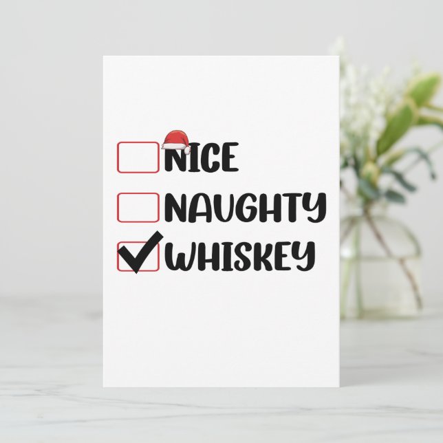 Naughty Nice Whiskey Santa Christmas List Invitation (Standing Front)
