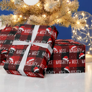 NAUGHTY of NICE Text with Santa Hats Wrapping Paper