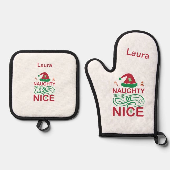  Naughty or Nice Christmas Frogs with Santa Design Oven Mitt & Pot Holder Set (Front)