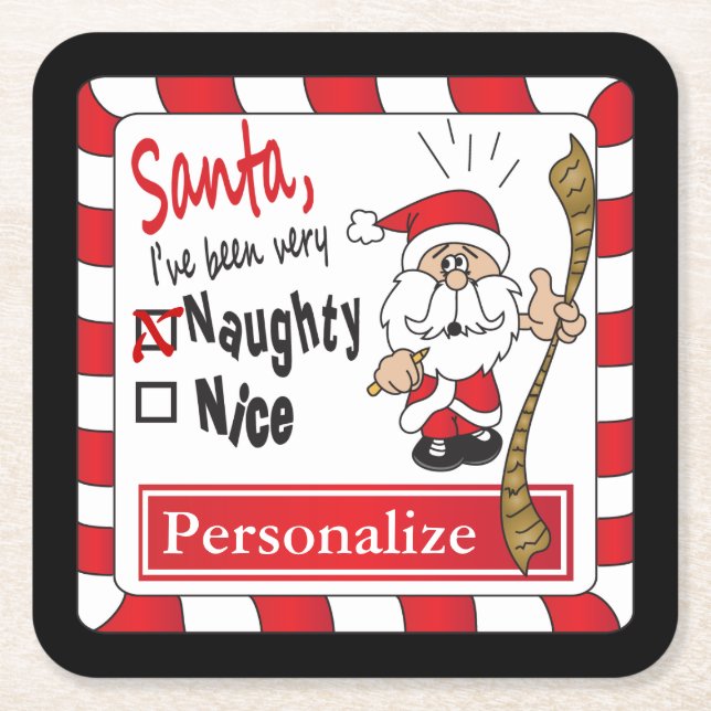 Naughty or Nice Christmas | Personalise Square Paper Coaster (Front)